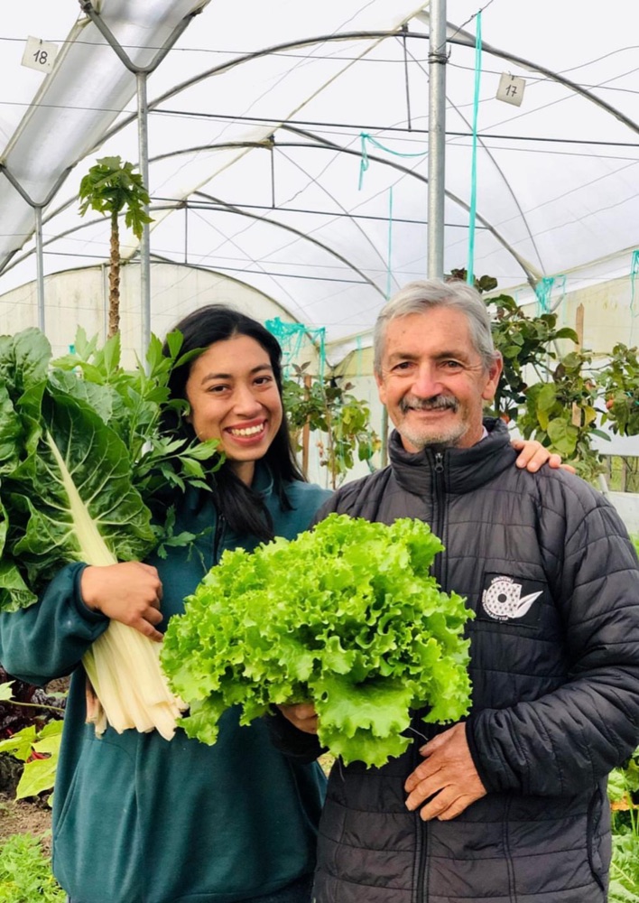 Clientes en su invernadero con lechugas cultivadas con compost